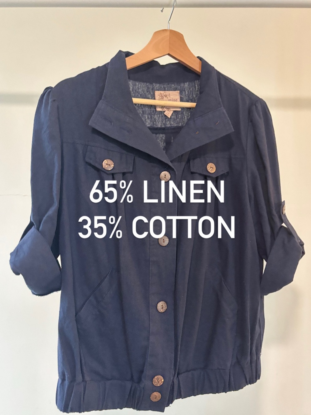 Lightweight Navy Linen & Cotton Button Jacket | 3/4 sleeves | size 1X